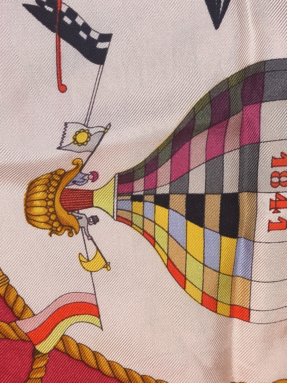 Hermes Multicolor Balloon and Nautical Print Silk Scarf with Red Border - Picture 8 of 9